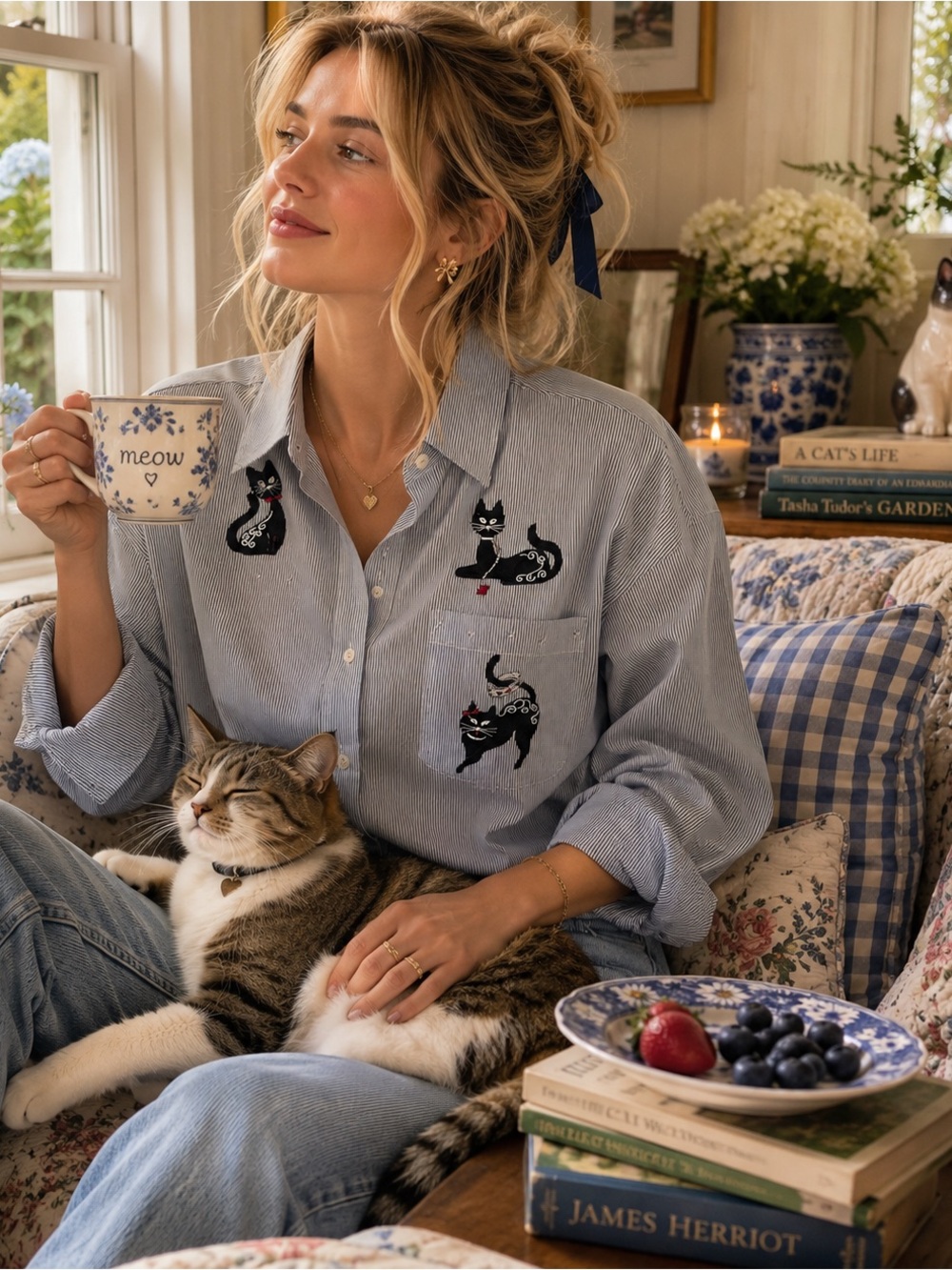 Embroidered Sequin Cat Button-Up Shirt - Black Stripe Poplin Classic Cat lover